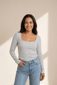 Women's Cotton Blend Striped U-Neck Long Sleeve Blouse