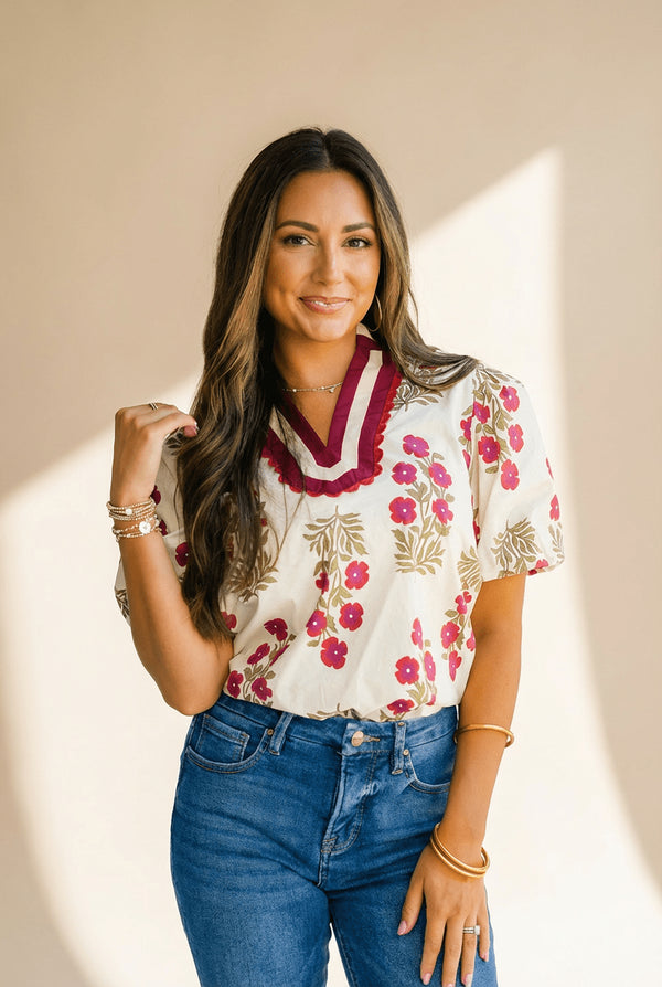 Women's Cotton Floral Block Print Blouse with Scalloped V-Neck