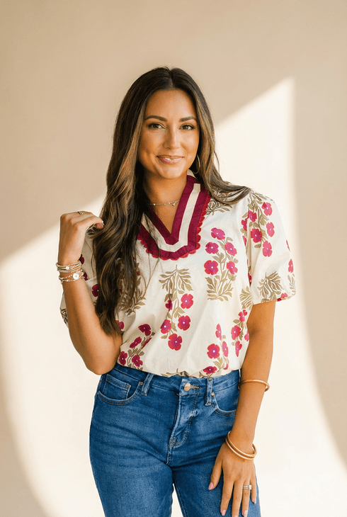 Women's Cotton Floral Block Print Blouse with Scalloped V-Neck