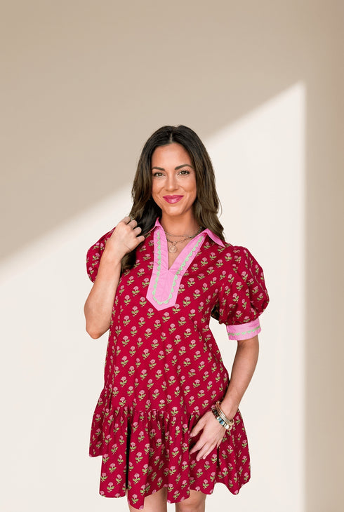Women's Cotton Red Floral Mini Dress with Ric-Rac Trim