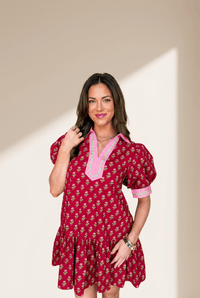 Women's Cotton Red Floral Mini Dress with Ric-Rac Trim