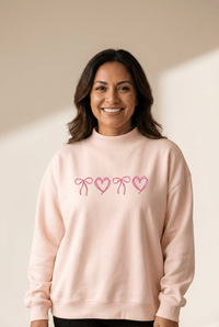 Women's Cozy Apricot Pink Mock Neck Sweatshirt with Heart Bow Embroidery - Perfect for Valentine's Day Style