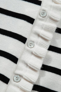 Beige Stripe Ruffle Trim Button Down Knit Short Sleeve Sweater Cardigan