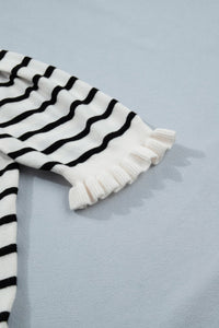 Beige Stripe Ruffle Trim Button Down Knit Short Sleeve Sweater Cardigan