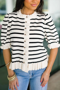 Beige Stripe Ruffle Trim Button Down Knit Short Sleeve Sweater Cardigan