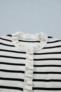 Beige Stripe Ruffle Trim Button Down Knit Short Sleeve Sweater Cardigan