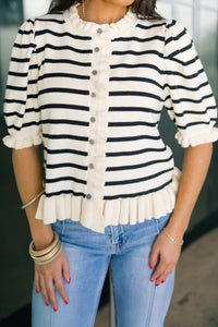 Women's Cozy Beige Striped Ruffle Trim Cardigan - Short Sleeve Knit Sweater for Casual Chic Style