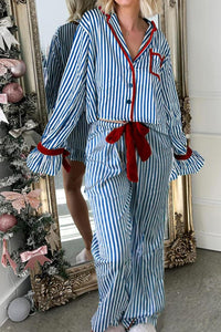 
Women's Cozy Blue Stripe Velvet Trim Bow Knot Pajama Set - Stylish 2-Piece Sleepwear for Comfortable Nights