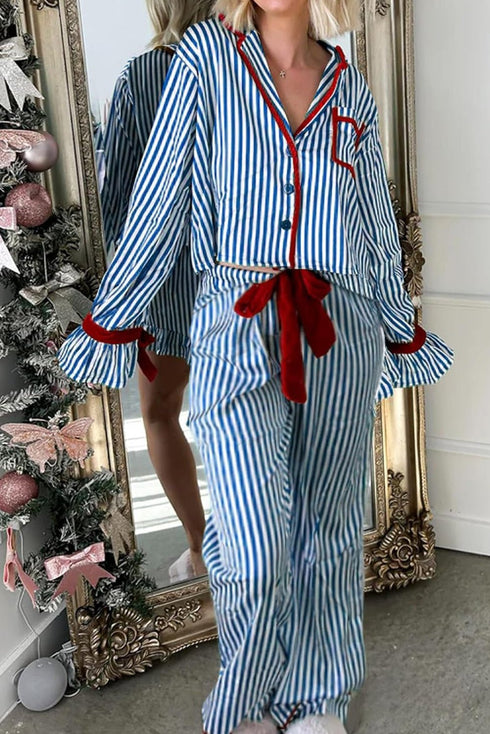 Women's Cozy Blue Stripe Velvet Trim Bow Knot Pajama Set - Stylish 2-Piece Sleepwear for Comfortable Nights