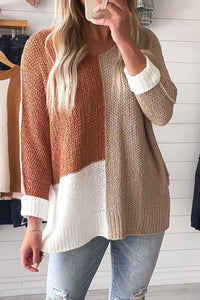 
Women's Cozy Chestnut Color Block V-Neck Knit Sweater - Casual Loose Fit for Effortless Fall Fashion
