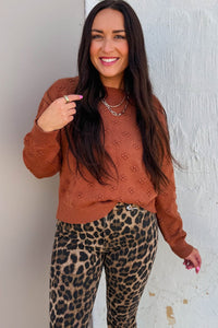 Clay Solid Color Flower Texture Knit Drop Shoulder Sweater