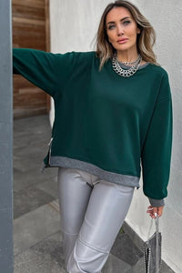 Evergreen Contrast Trim Round Neck Zip Side Slit Baggy Sweatshirt