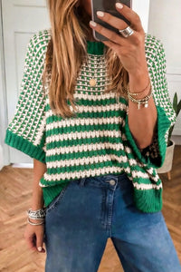 Women's Kelly Green Striped Oversized Knit Sweater with Draped Sleeves