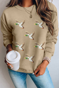 Women's Cozy Khaki Sequin Mallard Graphic Sweatshirt - Stylish Pullover for Casual Chic Looks