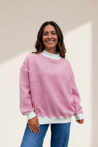 Women's Cozy Pink Stripe Drop Shoulder Mock Neck Sweatshirt - Casual Comfort for Everyday Wear