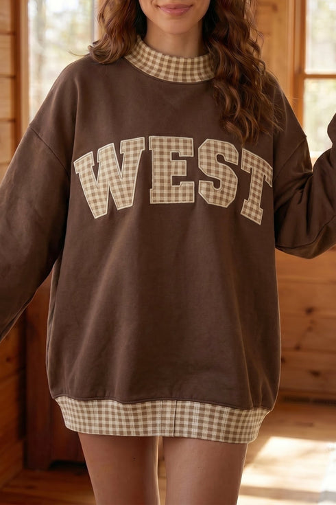 Women's Cozy Southwest Style Plaid High Neck Sweatshirt - Chicory Coffee Graphic, Relaxed Fit Casual Top