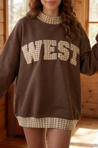 Women's Cozy Southwest Style Plaid High Neck Sweatshirt - Chicory Coffee Graphic, Relaxed Fit Casual Top