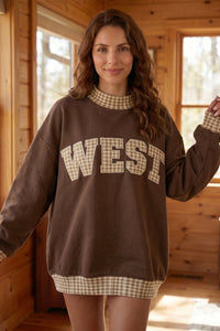 Chicory Coffee Plaid Trim High Neck SOUTH/ WEST Letter Graphic Baggy Sweatshirt