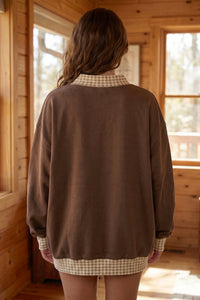 Chicory Coffee Plaid Trim High Neck SOUTH/ WEST Letter Graphic Baggy Sweatshirt