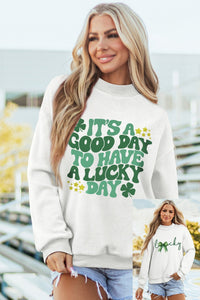 Women's White Reversible Lucky Graphic Mock Neck Sweatshirt