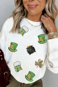 Women's Cozy White Sequin Graphic Sweatshirt for St. Patrick's Day – Fun, Festive Style for Celebrating in Comfort