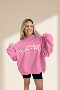 Women's Cozy Women's Bright Pink Oversized Mock Neck Sweatshirt with Blessed Embroidery for Casual Chic Style