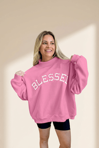 Women's Cozy Women's Bright Pink Oversized Mock Neck Sweatshirt with Blessed Embroidery for Casual Chic Style