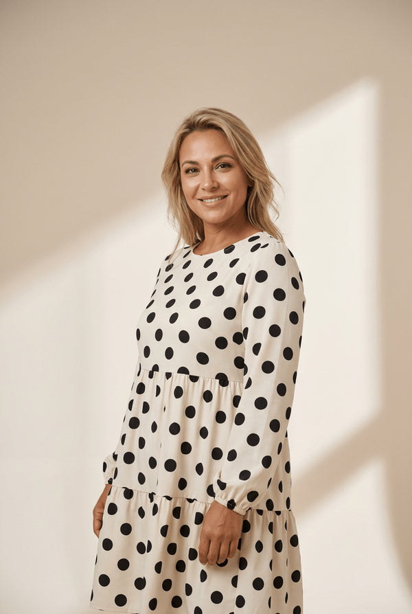 Women's Cream Polka Dot Long Sleeve Tiered Mini Dress