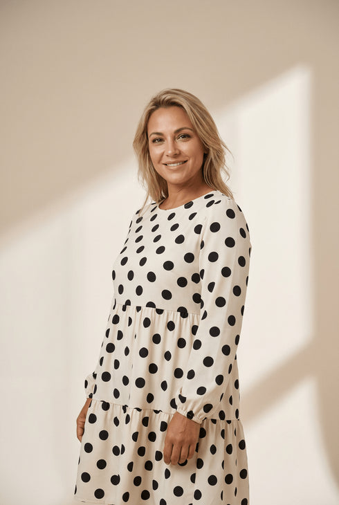 Women's Cream Polka Dot Long Sleeve Tiered Mini Dress