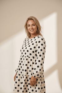Women's Cream Polka Dot Long Sleeve Tiered Mini Dress
