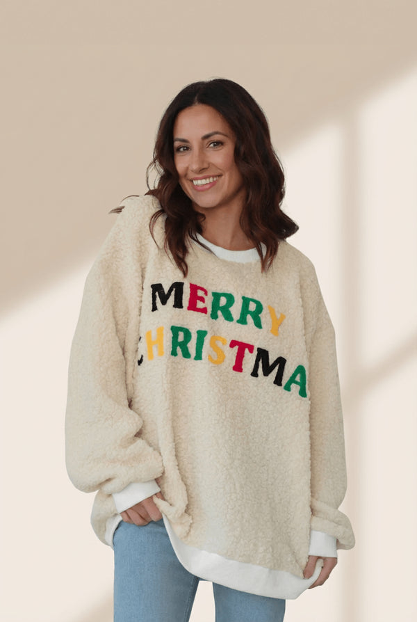 Women's Cream Sherpa Christmas Sweatshirt with Multi-Color Embroidery
