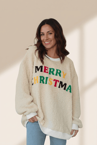 Women's Cream Sherpa Christmas Sweatshirt with Multi-Color Embroidery