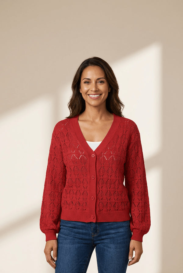 Women's Crimson Pointelle Knit Crochet V-Neck Cardigan