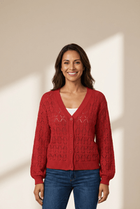 Women's Crimson Pointelle Knit Crochet V-Neck Cardigan