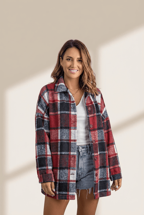 Women's Crimson Red Plaid Shacket: 100% Polyester Oversized Layer