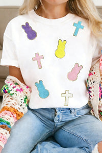 Women's Cute Casual White Chenille Bunny Easter T-Shirt - Perfect Spring Fit for Festive Celebrations
