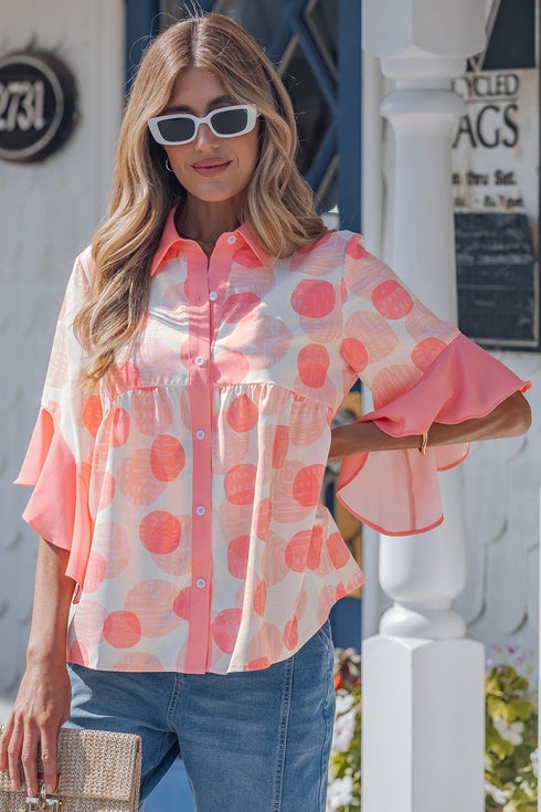 Women's Cute Pink Polka Dot Ruffle Babydoll Top - Short Sleeve Casual Summer Shirt for Effortless Style and Comfort