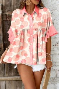 Pink Double Polka Dot Printed Ruffle Trim Short Sleeve Babydoll Shirt