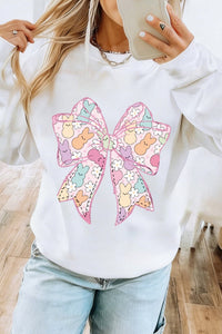 
Women's Cute White Casual Sweatshirt with Easter Bunny Bow Print - Comfy Spring Top for Everyday Style