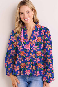 Dark Blue Floral Ricrac Trim Puff Sleeve Peplum Top