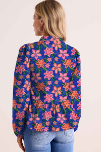 Dark Blue Floral Ricrac Trim Puff Sleeve Peplum Top