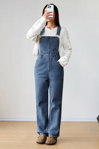 women's dark blue retro denim jumpsuit with bib pocket and buckle straps - casual, comfortable fit for effortless chic with practical styling and