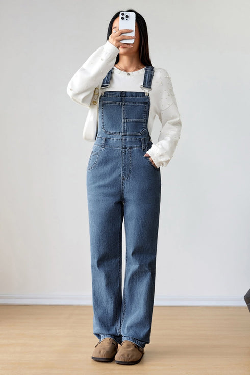 women's dark blue retro denim jumpsuit with bib pocket and buckle straps - casual, comfortable fit for effortless chic with practical styling and