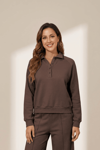 Women's Dark Brown Collared Pullover and Wide-Leg Pant Set with practical styling and dependable silhouette control.