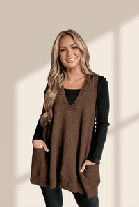 Women's Dark Brown Ribbed Tunic Sweater Vest with Deep V-Neck