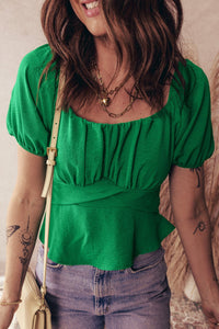 Women's Kelly Green Square Neck Peplum Blouse with Ruched Waist