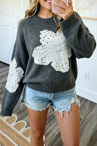 Women's Dark Grey Casual Sweater with Beaded Floral Accents and Round Neck