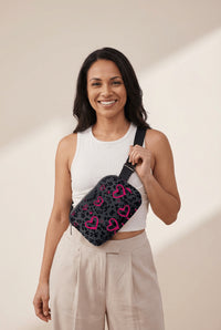 Women's Dark Grey Leopard and Pink Heart Canvas Crossbody Bag with practical styling and dependable silhouette control.