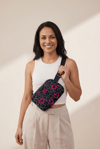 Women's Dark Grey Leopard and Pink Heart Canvas Crossbody Bag with practical styling and dependable silhouette control.