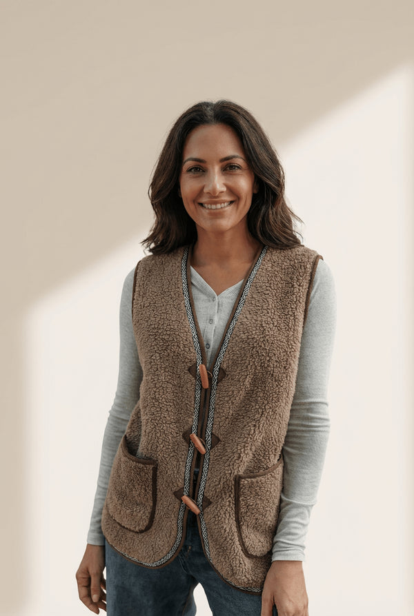 Women's Dark Khaki Sherpa Vest with Geometric Trim and Toggles with practical styling and dependable silhouette control.